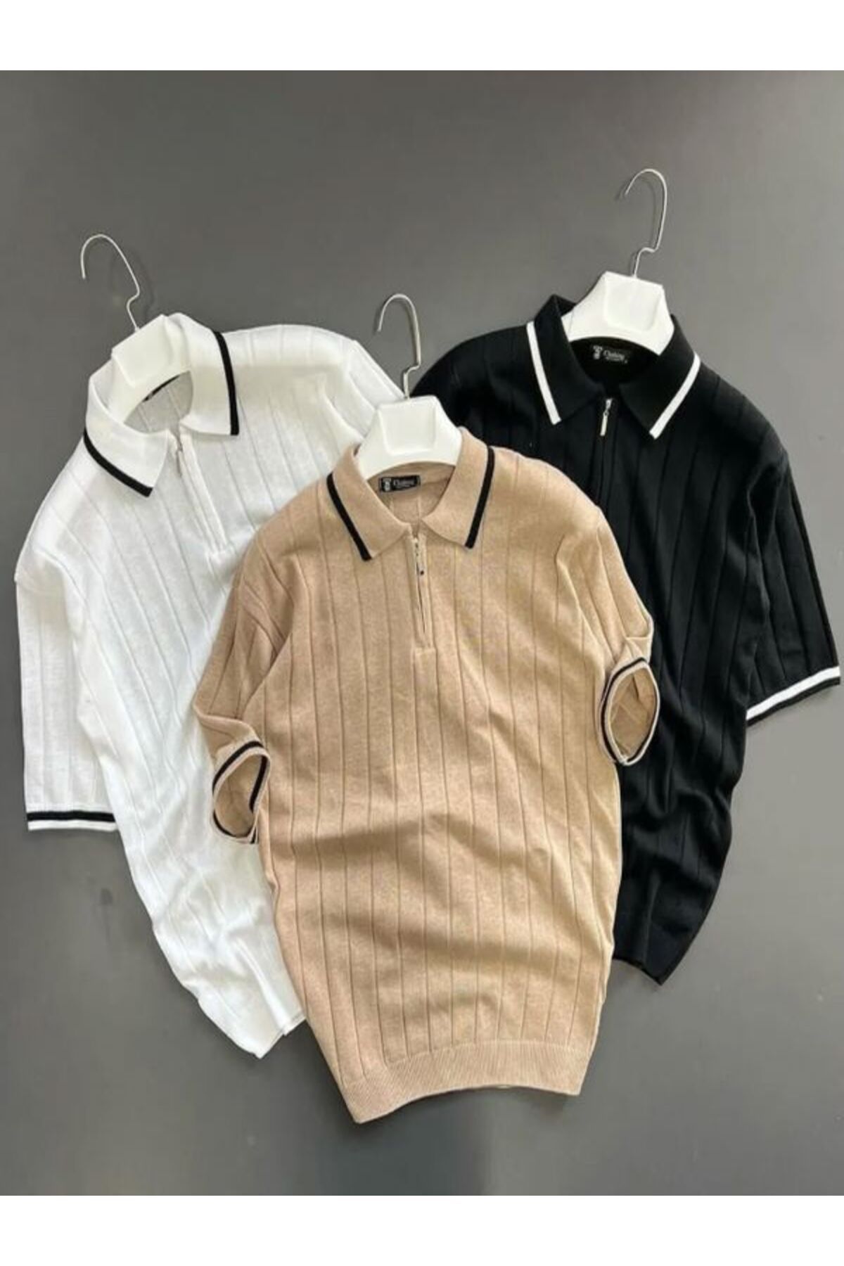 YONEZ MODA Erkek Rahat Kalıp 3 Adet Polo Yaka Fermuar Detaylı Örme Triko Tişört