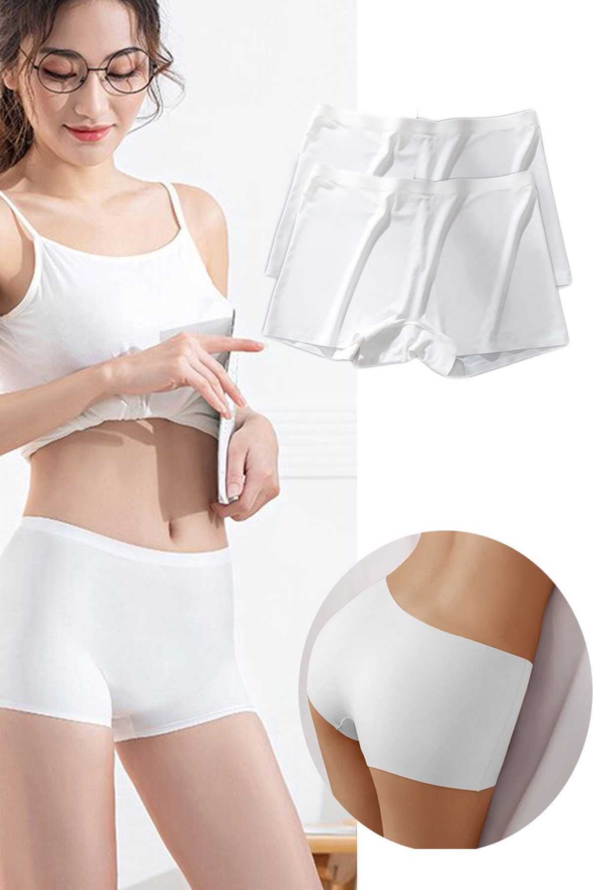 Shop58 2 Adet Kadın Dikişsiz Görünmez İz Yapmaz Mini Şort Boxer Beyaz