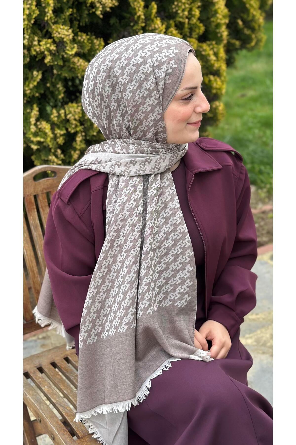 modayışığı H Desen Kahve Bej Yün Pamuk Şal