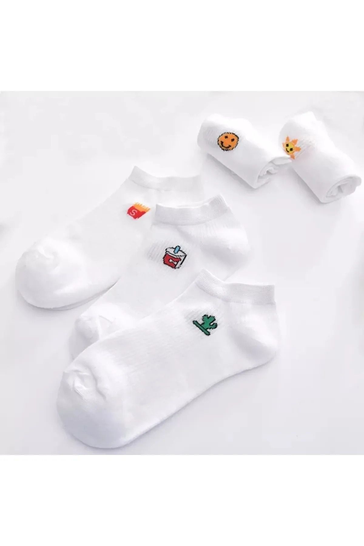 medi store 5'li Unisex Renkli Eğlenceli Beyaz Patik Çorap Seti