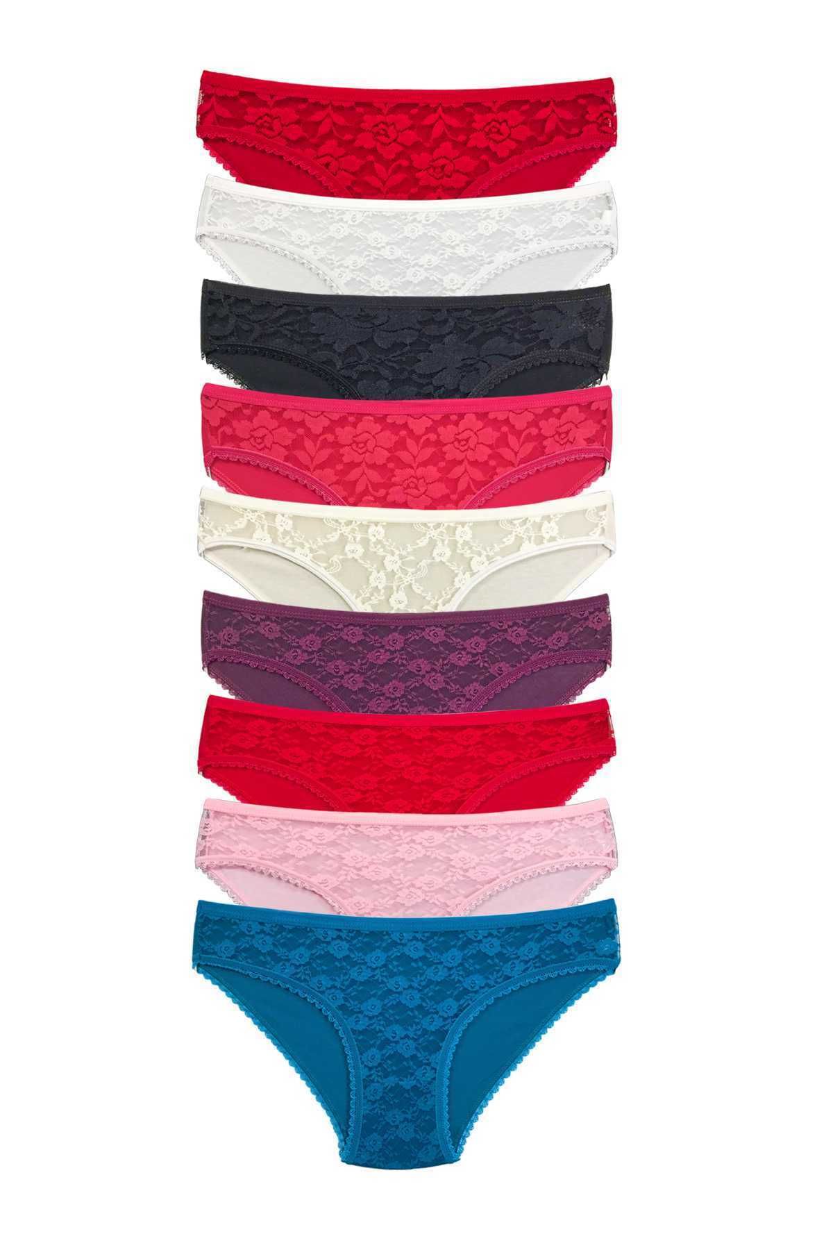 Shop58 9 Adet Önü Dantelli Transparan Kadın Slip Külot S119