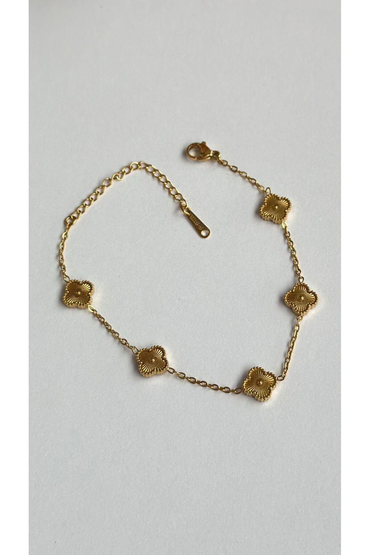 modayışığı Mini Yonca Çelik Bileklik Tam Gold