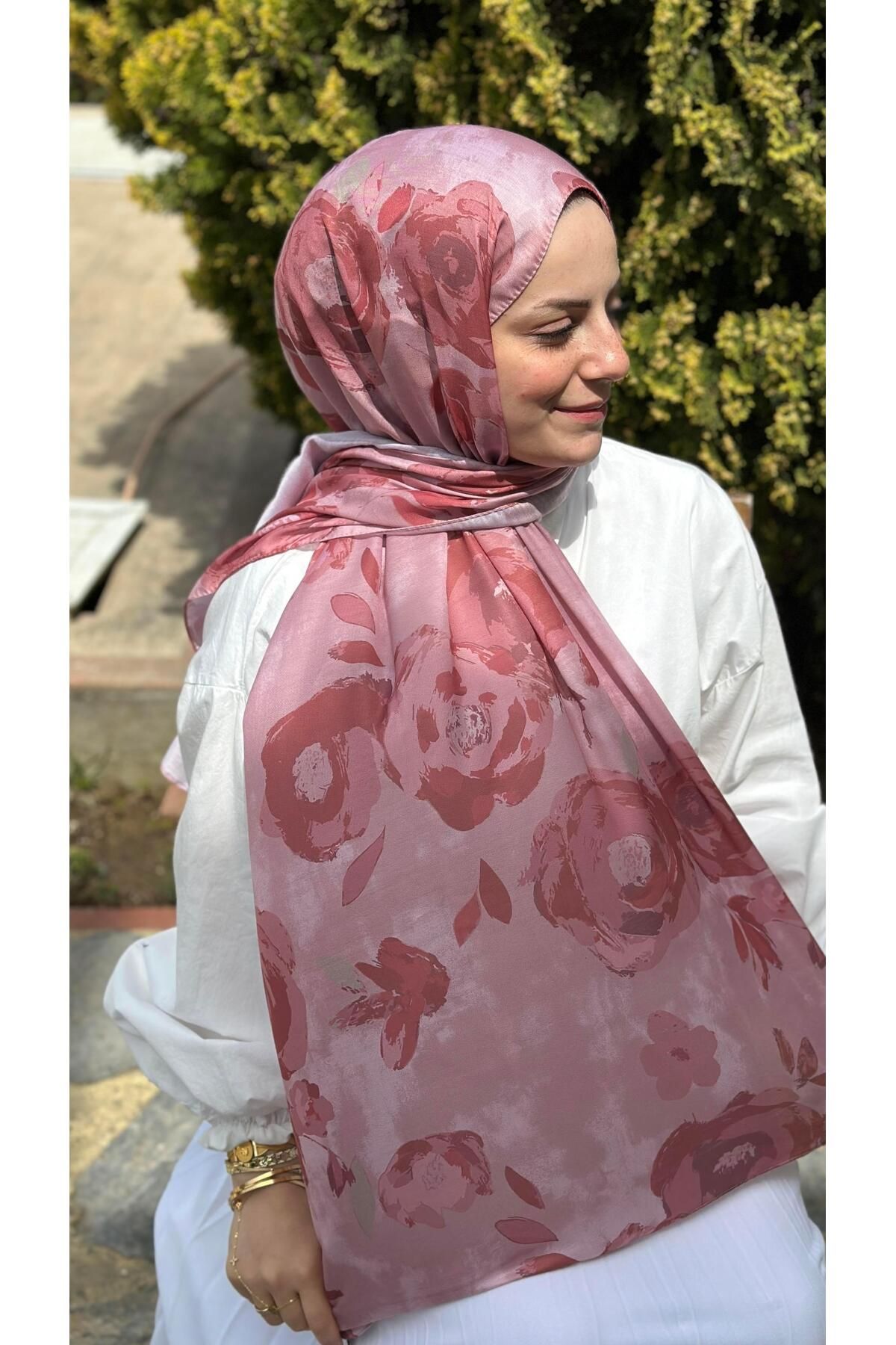 modayışığı Gül Desen Pembe Soft Pamuk Şal