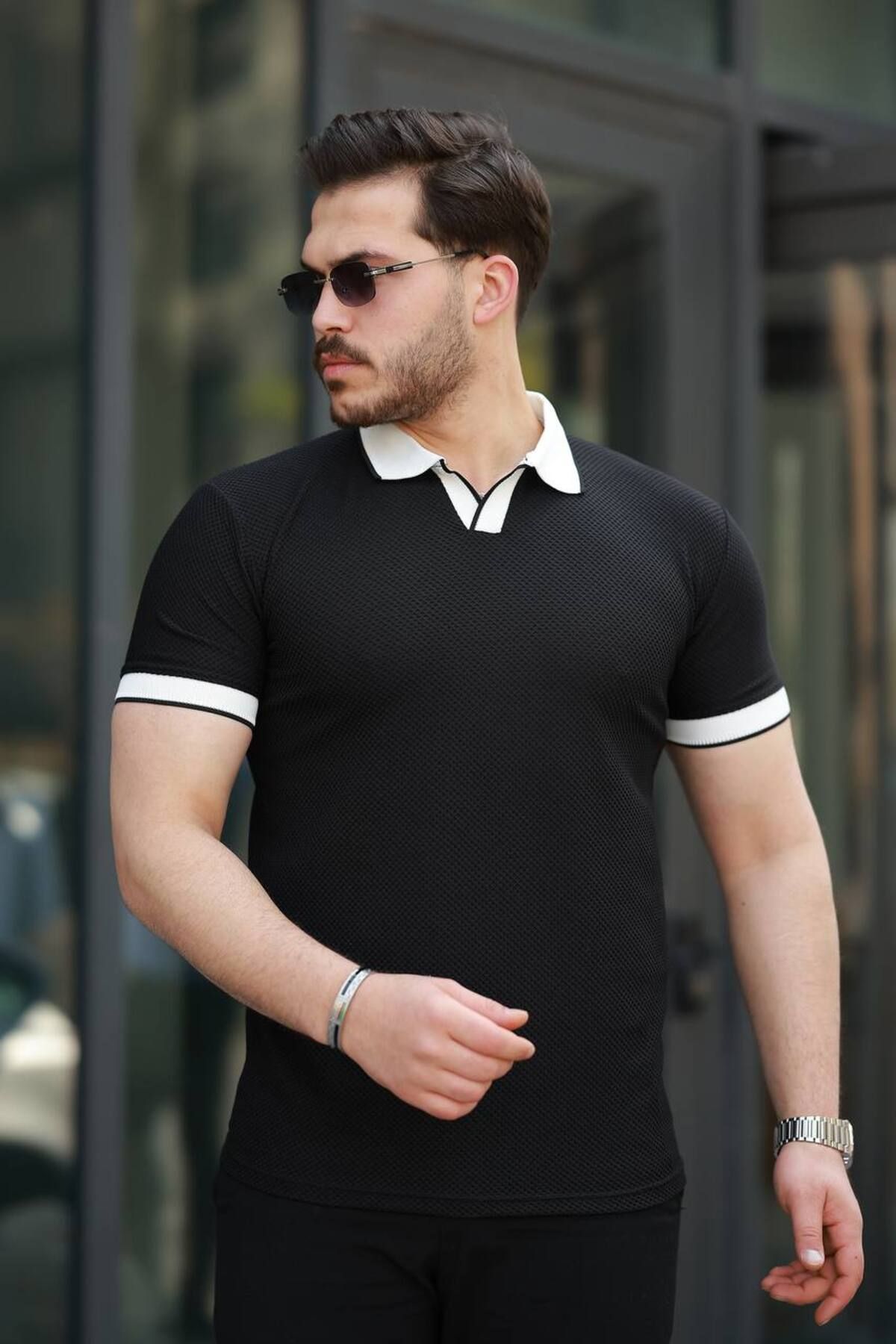 YONEZ MODA Erkek Rahat Kalıp Petek Desenli Jakar Polo Yaka Tişört