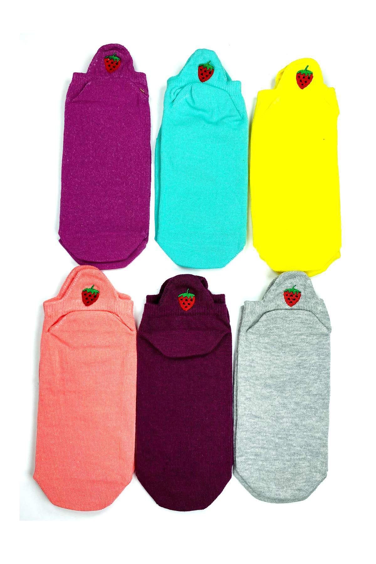 Shop58 6 Çift Çilek Nakış Baskılı Pamuklu Yumuşak Kadın Bilek Çorap