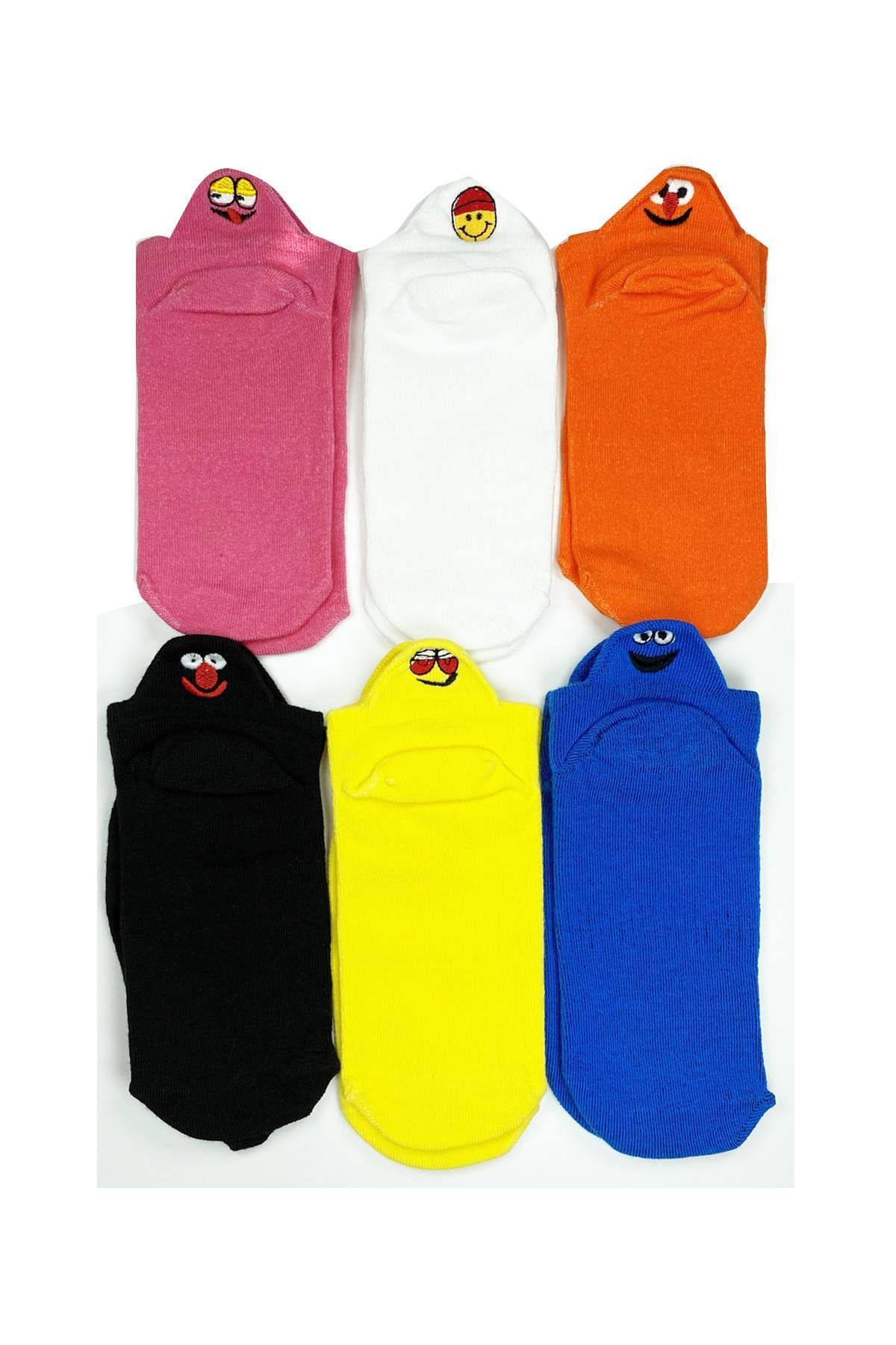 Shop58 6 Çift Emoji Desen Nakış Baskılı Kadın Pamuklu Bilek Çorap