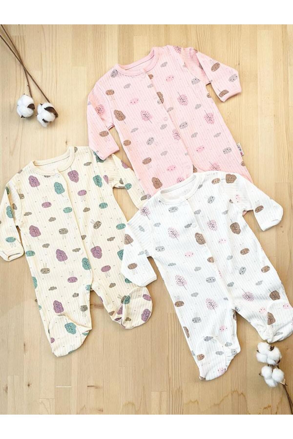DEFNE LİNA BABY Kız Bebek Yaprak Desenli Patikli 3lü Tulum 3-6-9 ay 3'lü Pamuklu 3 Parça
