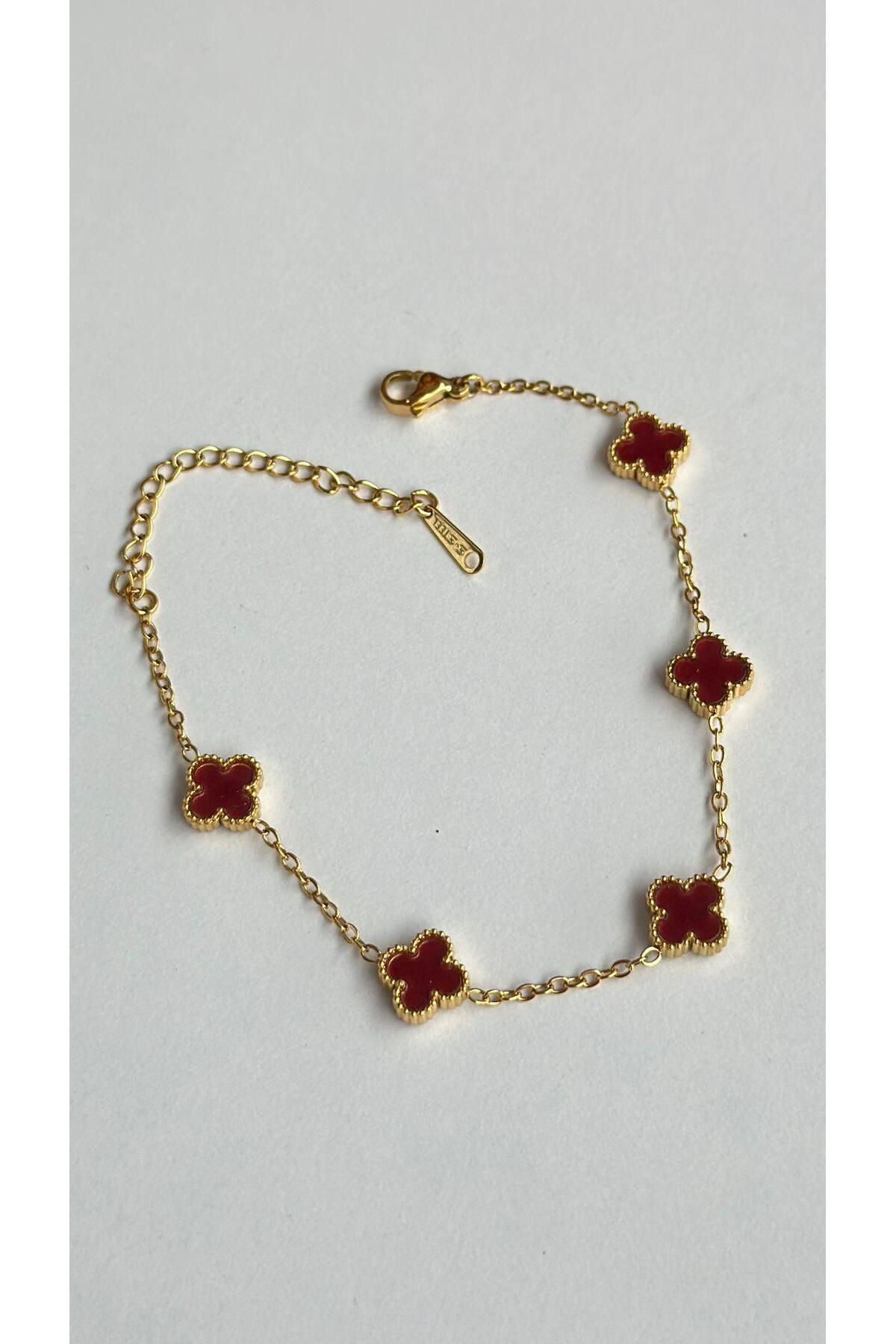 modayışığı Mini Yonca Çelik Bileklik Gold Bordo