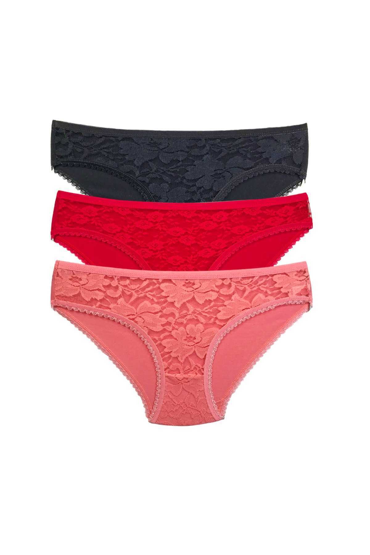 Shop58 3 Adet Önü Dantelli Transparan Kadın Slip Külot S81