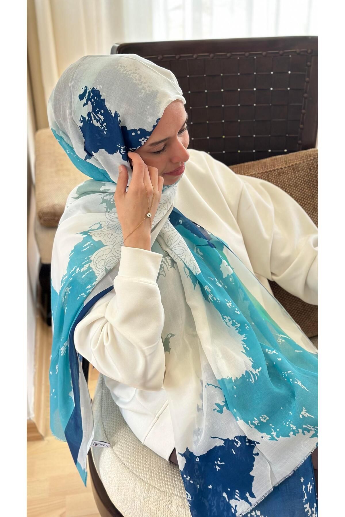modayışığı Dünya Desen Mavi Pamuk Şal