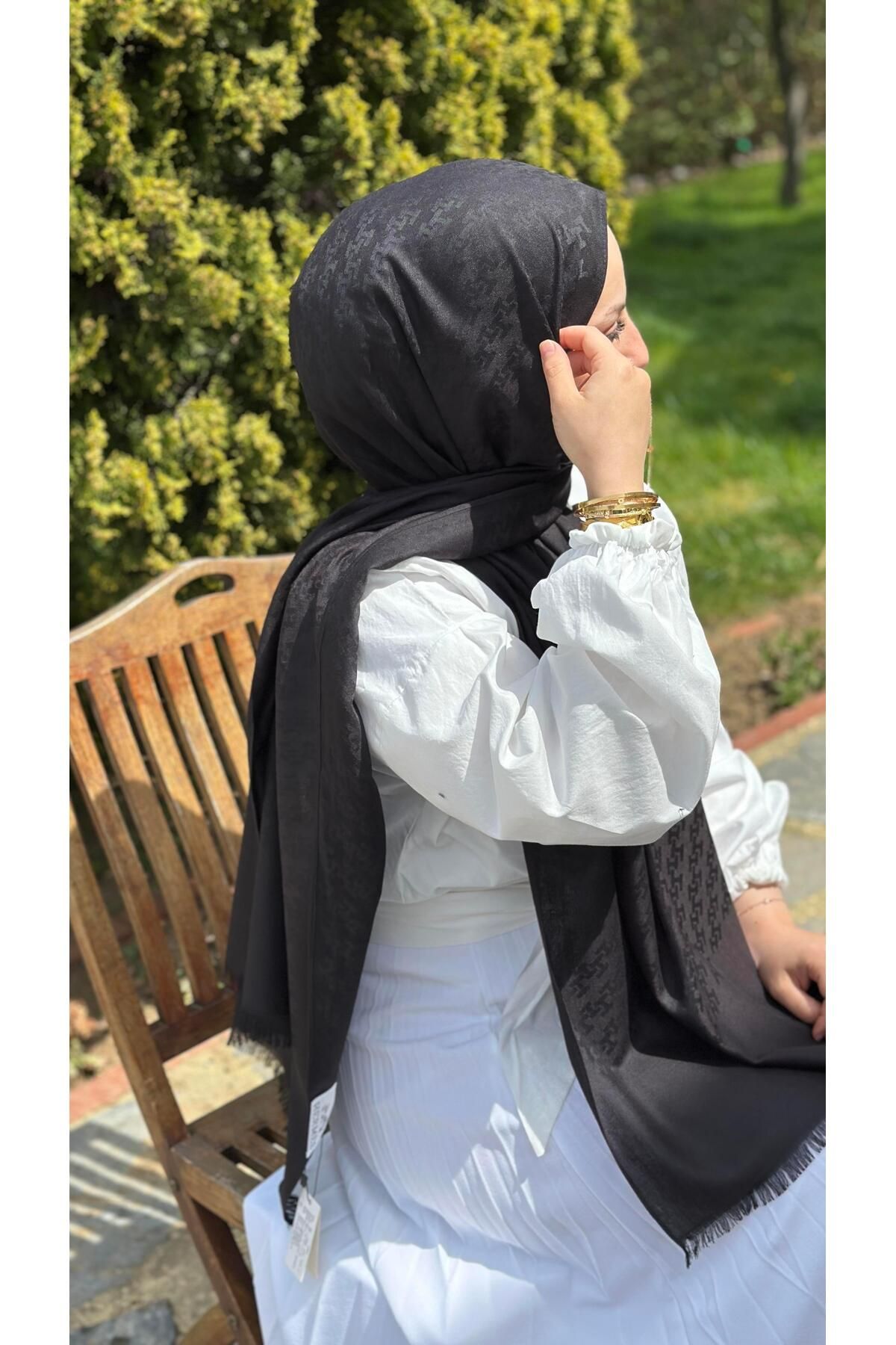 modayışığı H Desen Siyah Yün Pamuk Şal