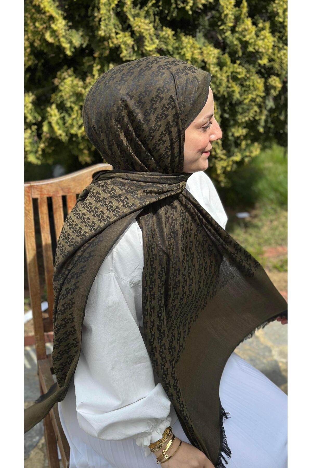 modayışığı H Desen Yeşil Yün Pamuk Şal