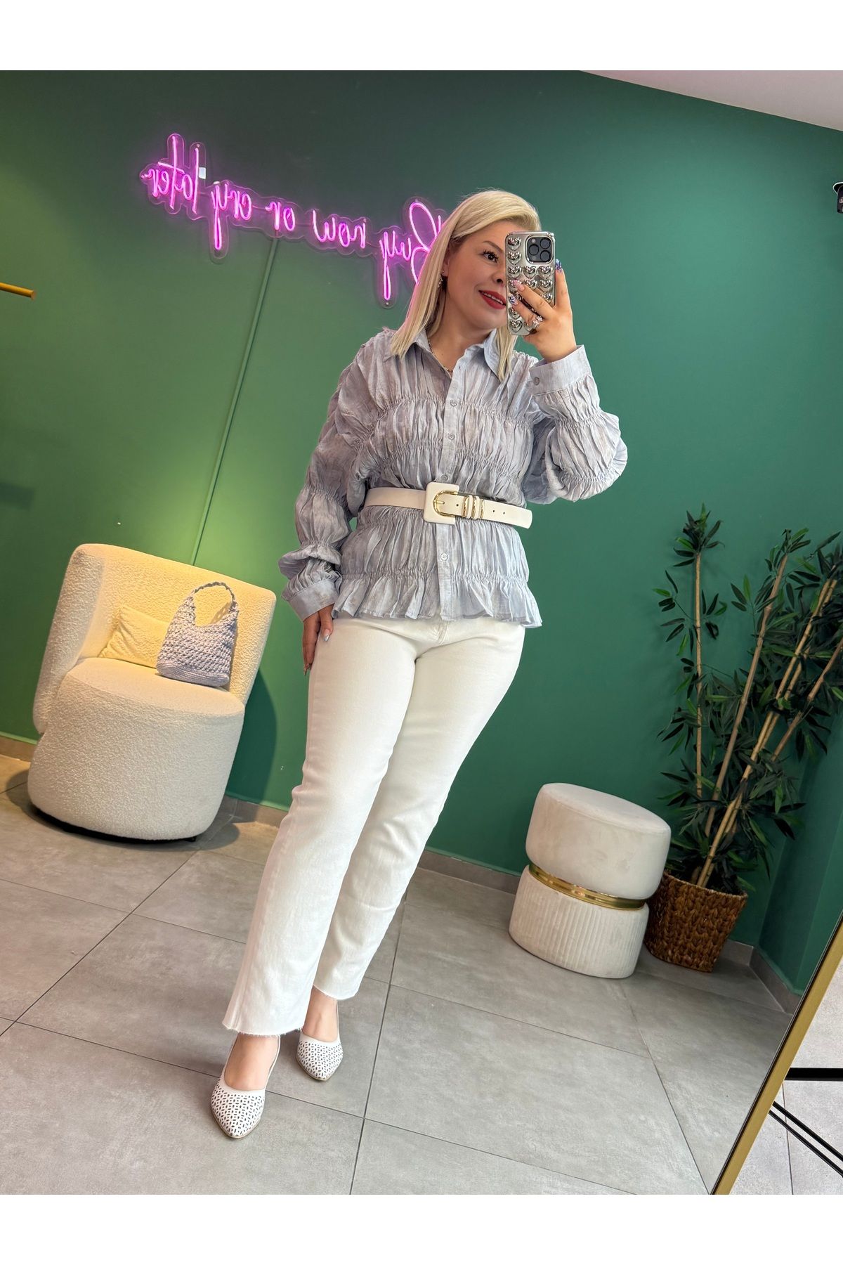 tuğba kumlu butik Gipeli Buz Mavisi Gömlek