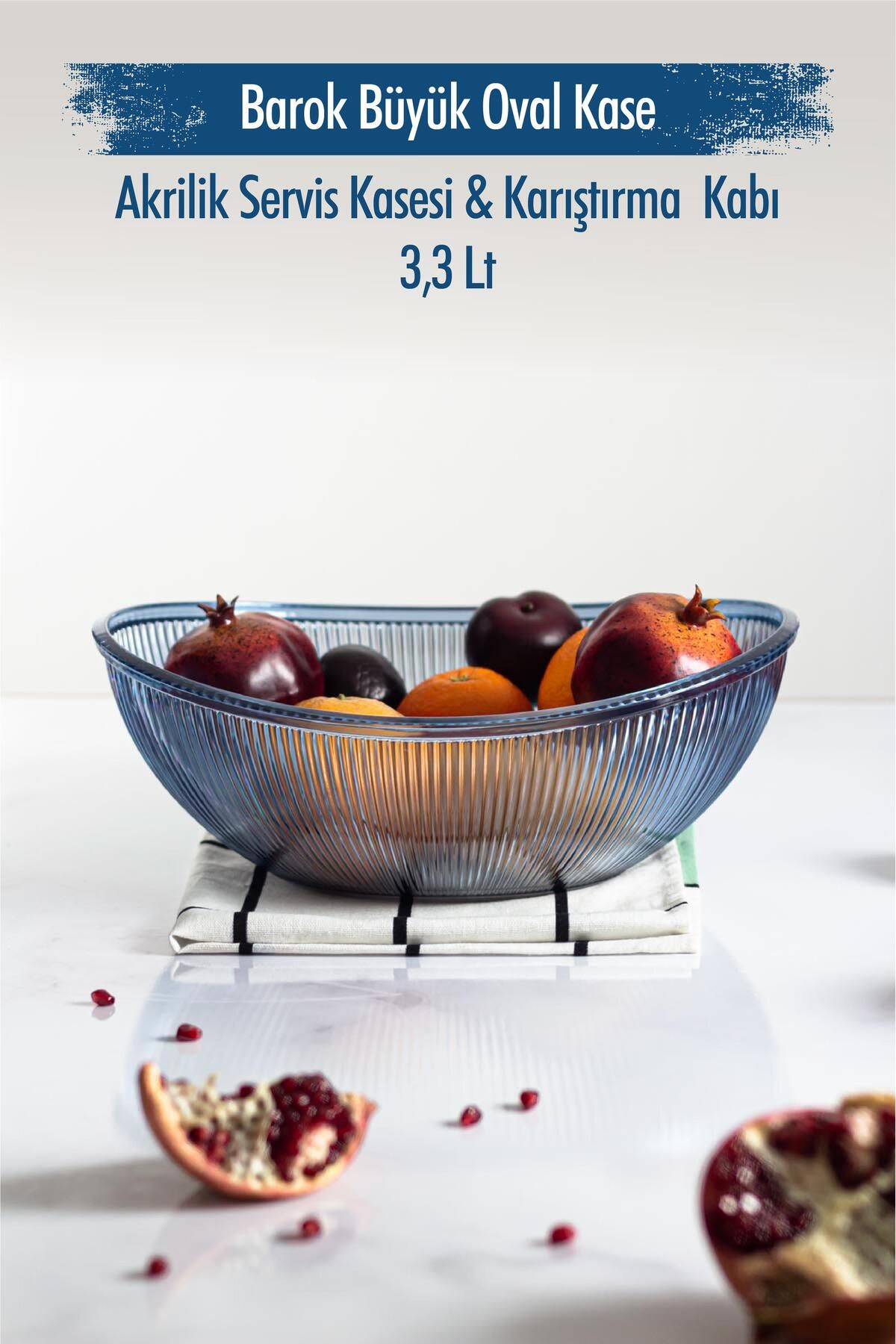 Shop58 Akrilik Barok Lacivert Büyük Oval Meyve & Salata Kasesi & Karıştırma Kabı / 3,3 Lt (CAM DEĞİLDİR)