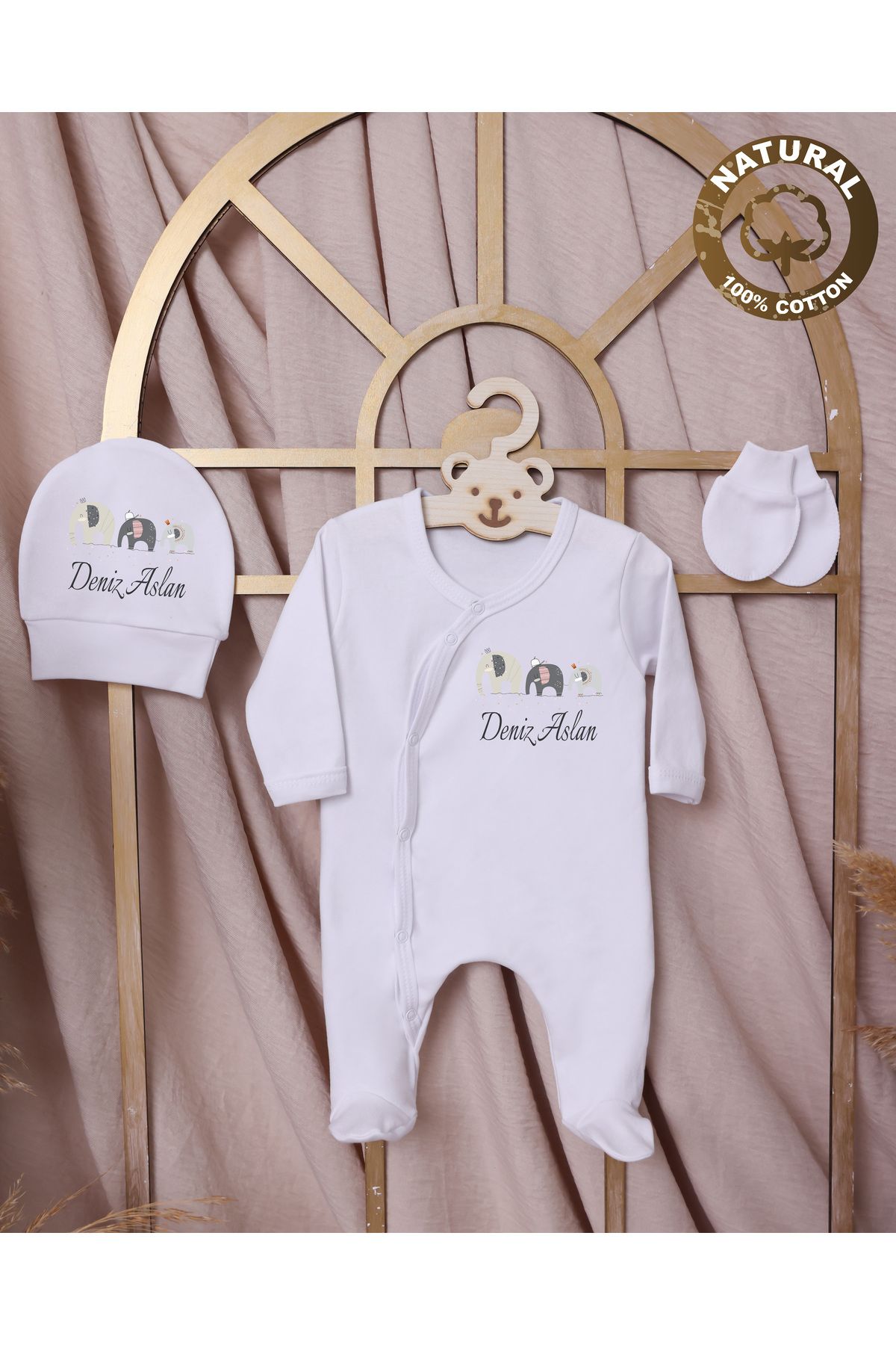 yzc home size dair... R76 T İsme özel İsimli Baskılı Bebek Hediyelik Tulum Şapka Eldiven Set %100 Pmk