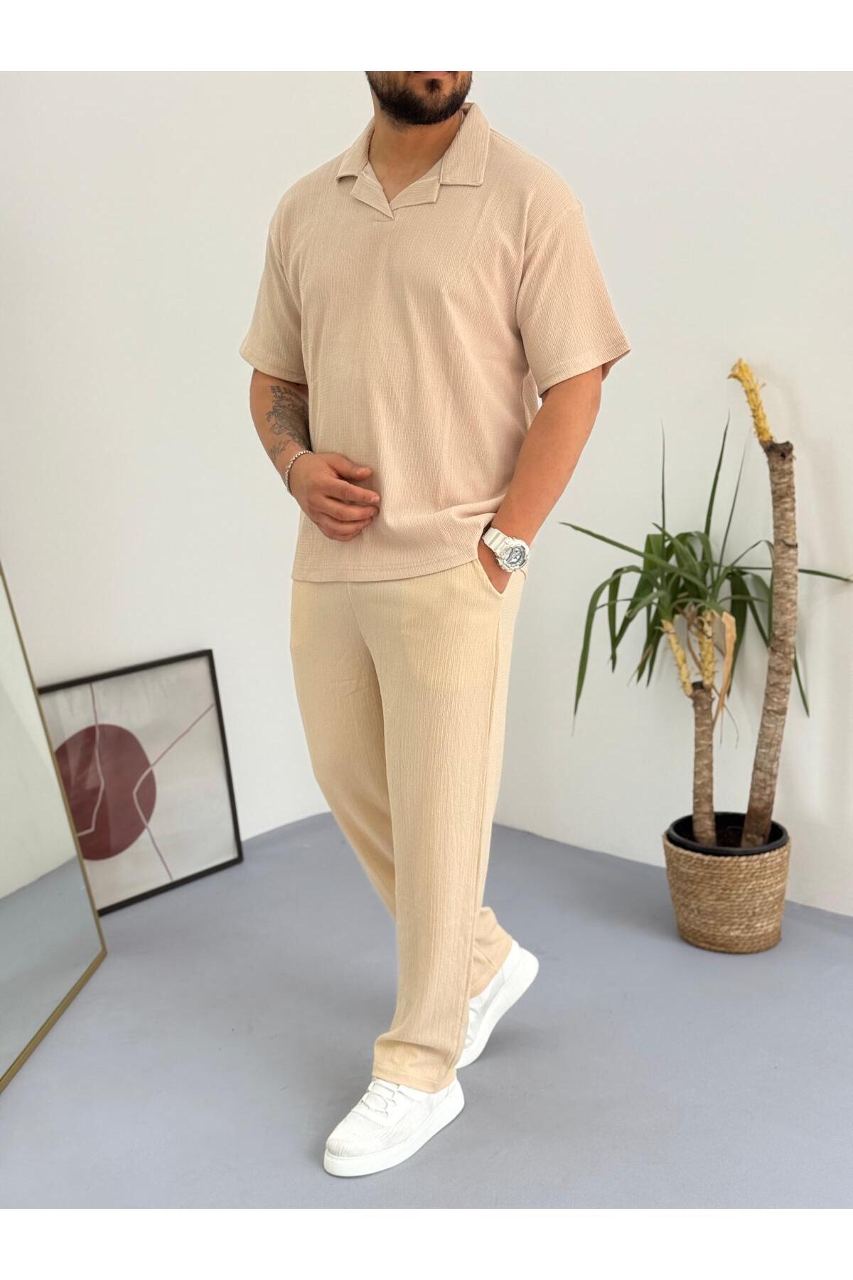 Combineman35-Men's Polo Neck Crinkle Fabric Twist T-Shirt-Pantalon Bottom Top Set 1