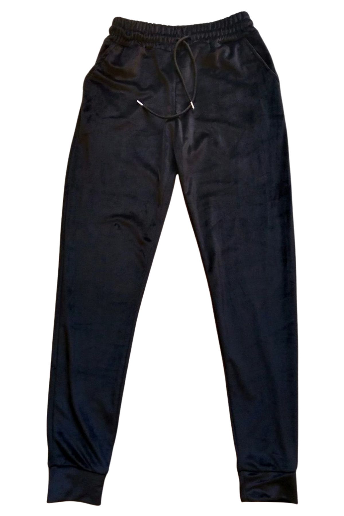 Shop58 Parlak Kadife Cepli Pantolon Eşofman Pijama Altı Unisex Lastikli Paça Siyah