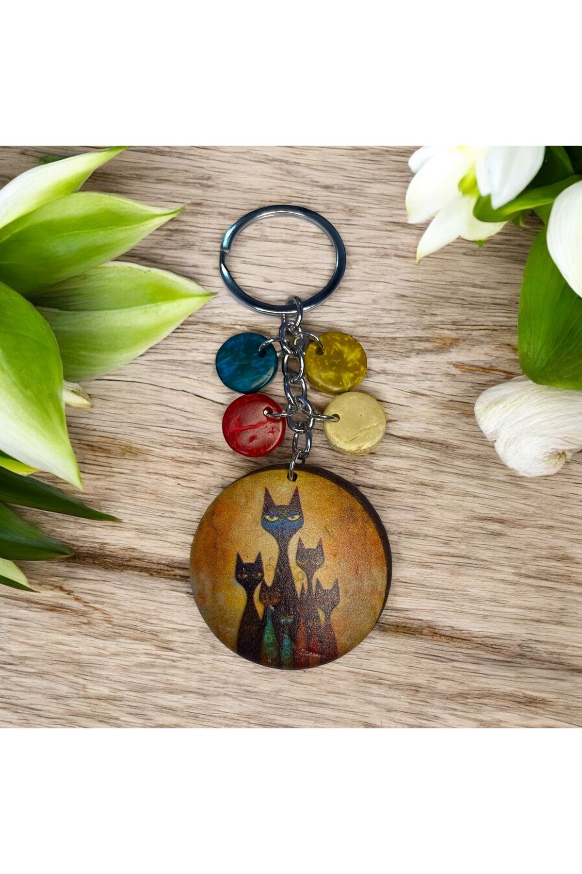 DKY KEDİ AİLESİ BOHEM TARZI HİNDİSTAN CEVİZİNDEN YAPILMIŞ EL YAPIMI ANAHTARLIK ÇANTA CHARM