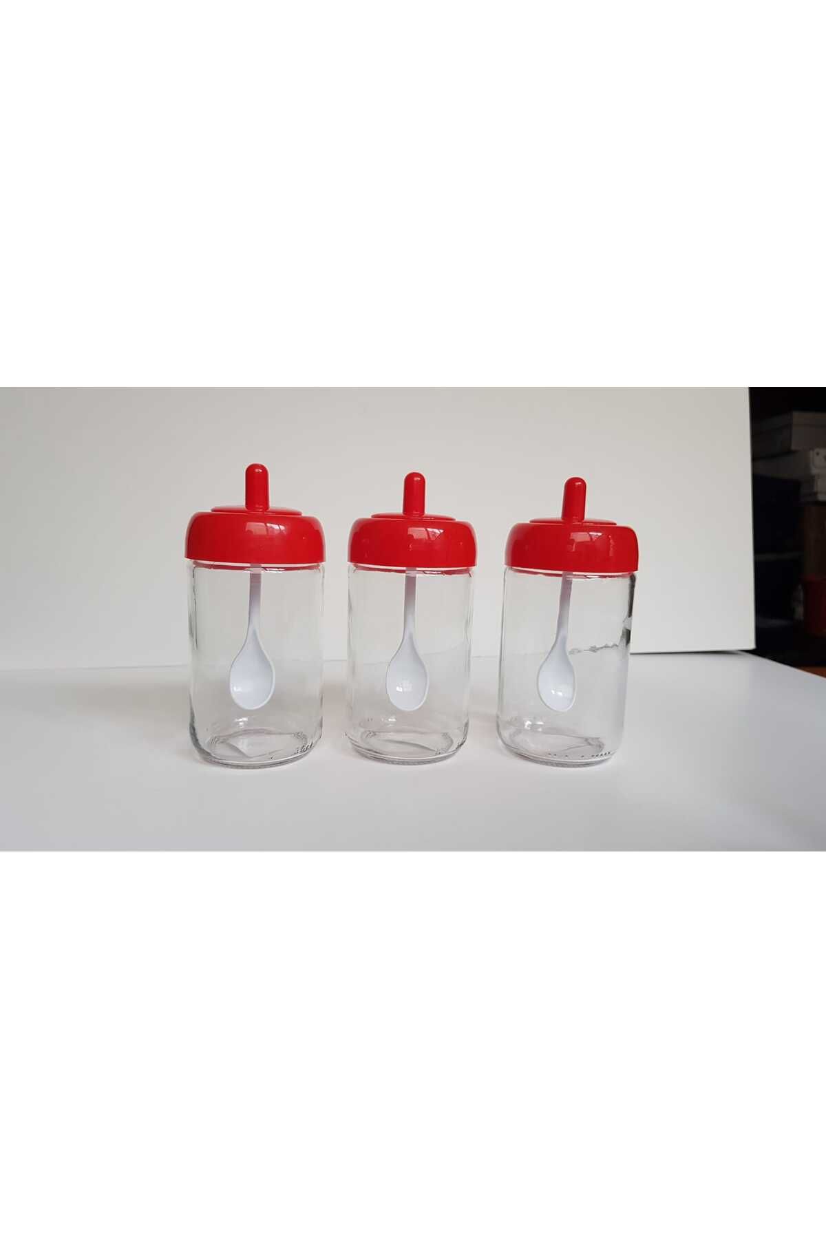 abenim 3 Adet Kırmızı Kendinden Kaşıklı Baharatlık Seti - 330 ml - Cam Kavanoz