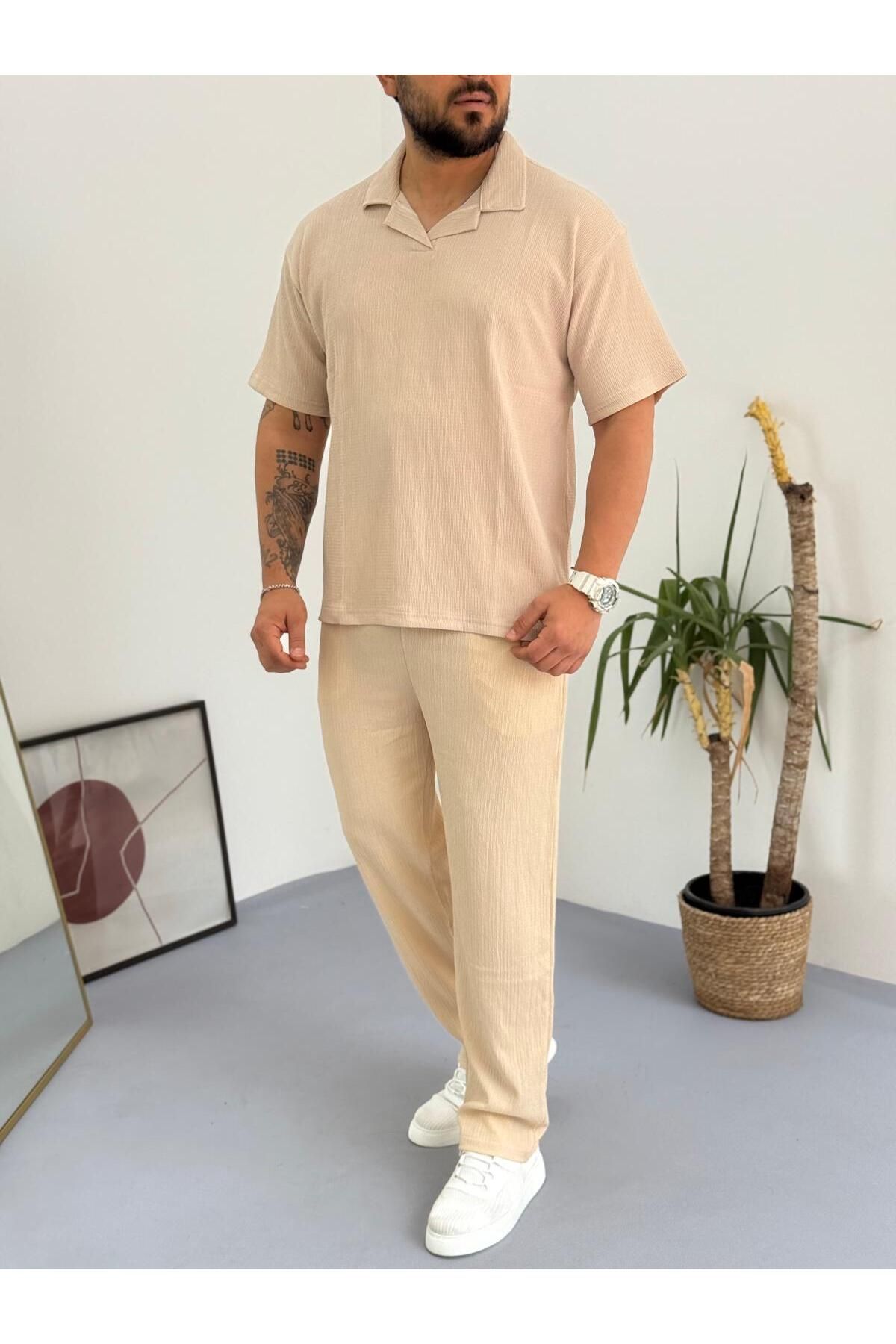 Combineman35-Men's Polo Neck Crinkle Fabric Twist T-Shirt-Pantalon Bottom Top Set 4