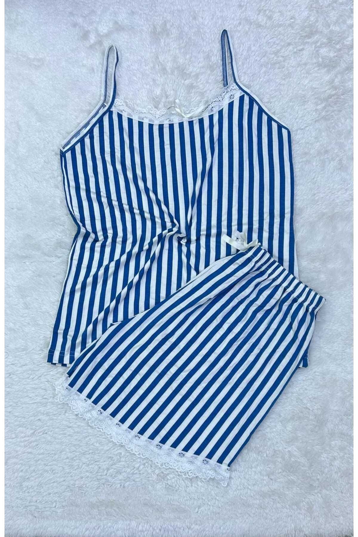 XORVİO Kadın İp Askılı Desen Şortlu Takım Dantel Detaylı Şık Yazlık Büyük Beden Battal Pijama