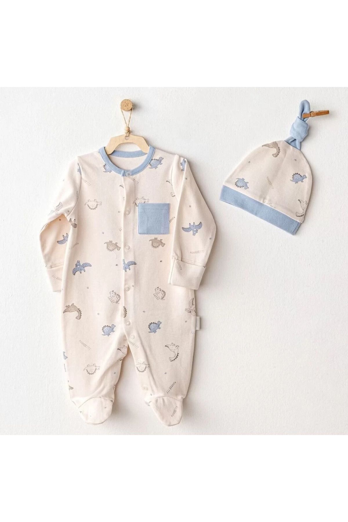 Shop58 Andywawa Ac25919 Romper Hat Set Dino Bebek Tulum Takım Beige
