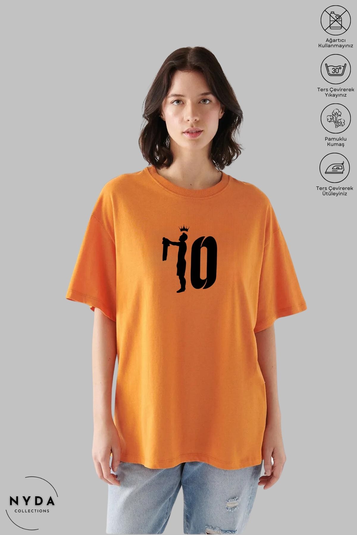 Nyda Collections Unisex Bisiklet Yaka 10 Numara Taç Baskılı Pamuk Oversize Kısa Kollu Tişört