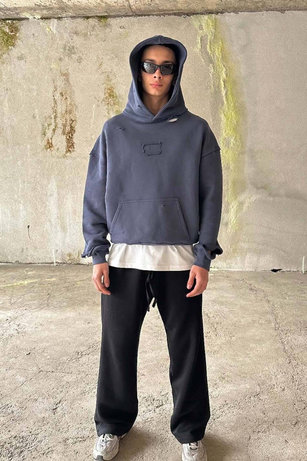1887CLO Antrasit Handmade Distressed Oversize Boxy Fit Hoodie