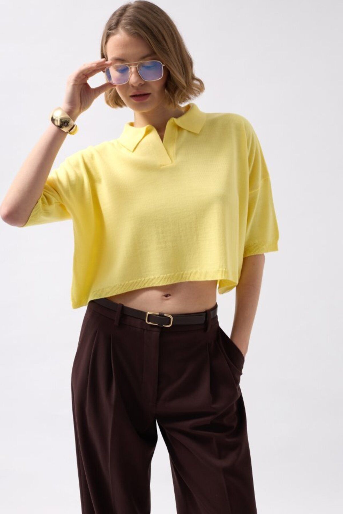 Şair Polo Yaka Crop Dokulu Bluz