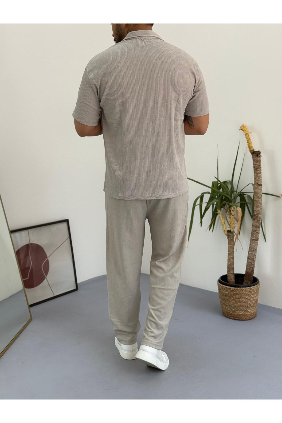 Combineman35-Men's Polo Neck Crinkle Fabric Twist T-Shirt-Pantalon Bottom Top Set 2