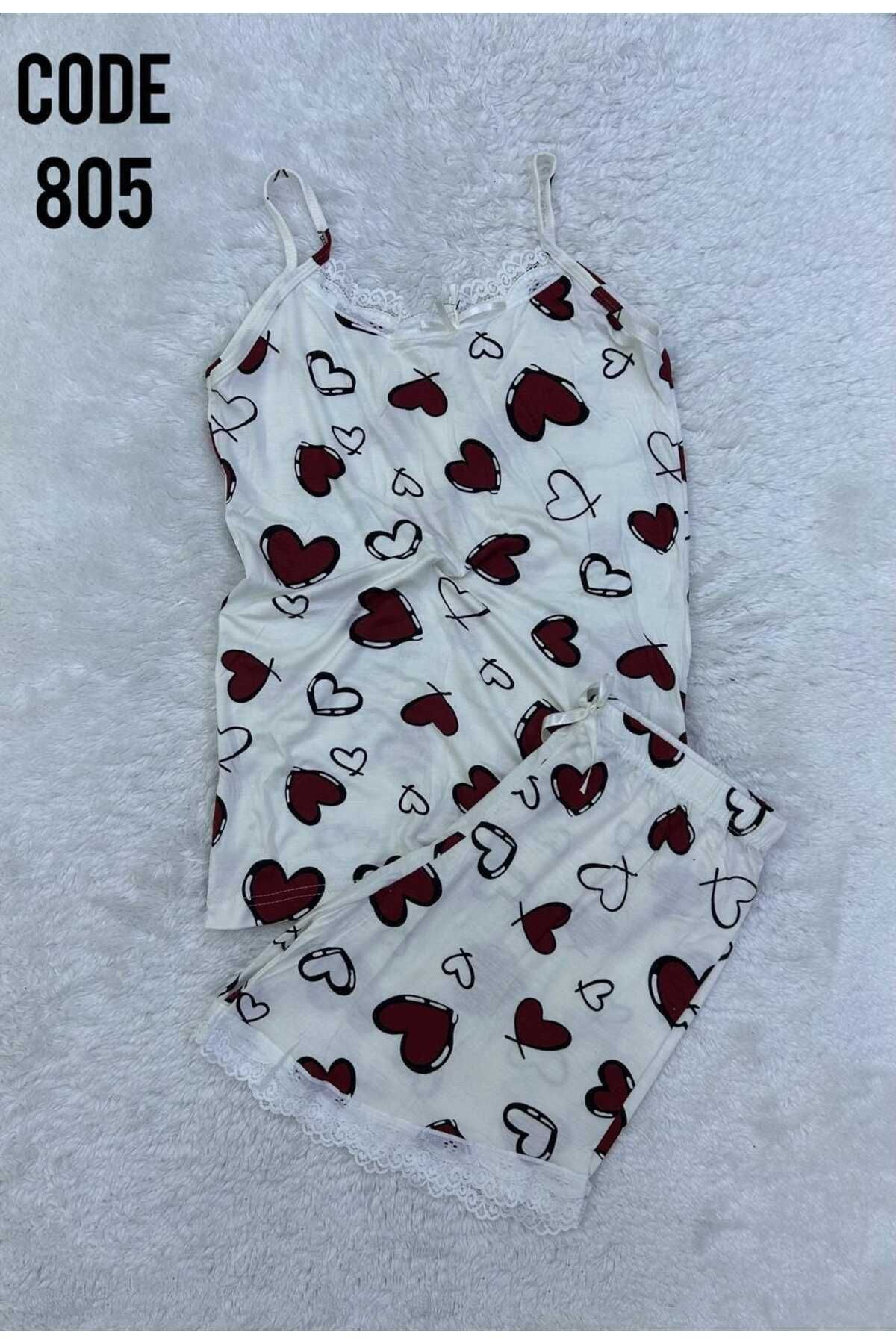 XORVİO Kadın İp Askılı Desen Şortlu Takım Dantel Detaylı Şık Yazlık Büyük Beden Battal Pijama