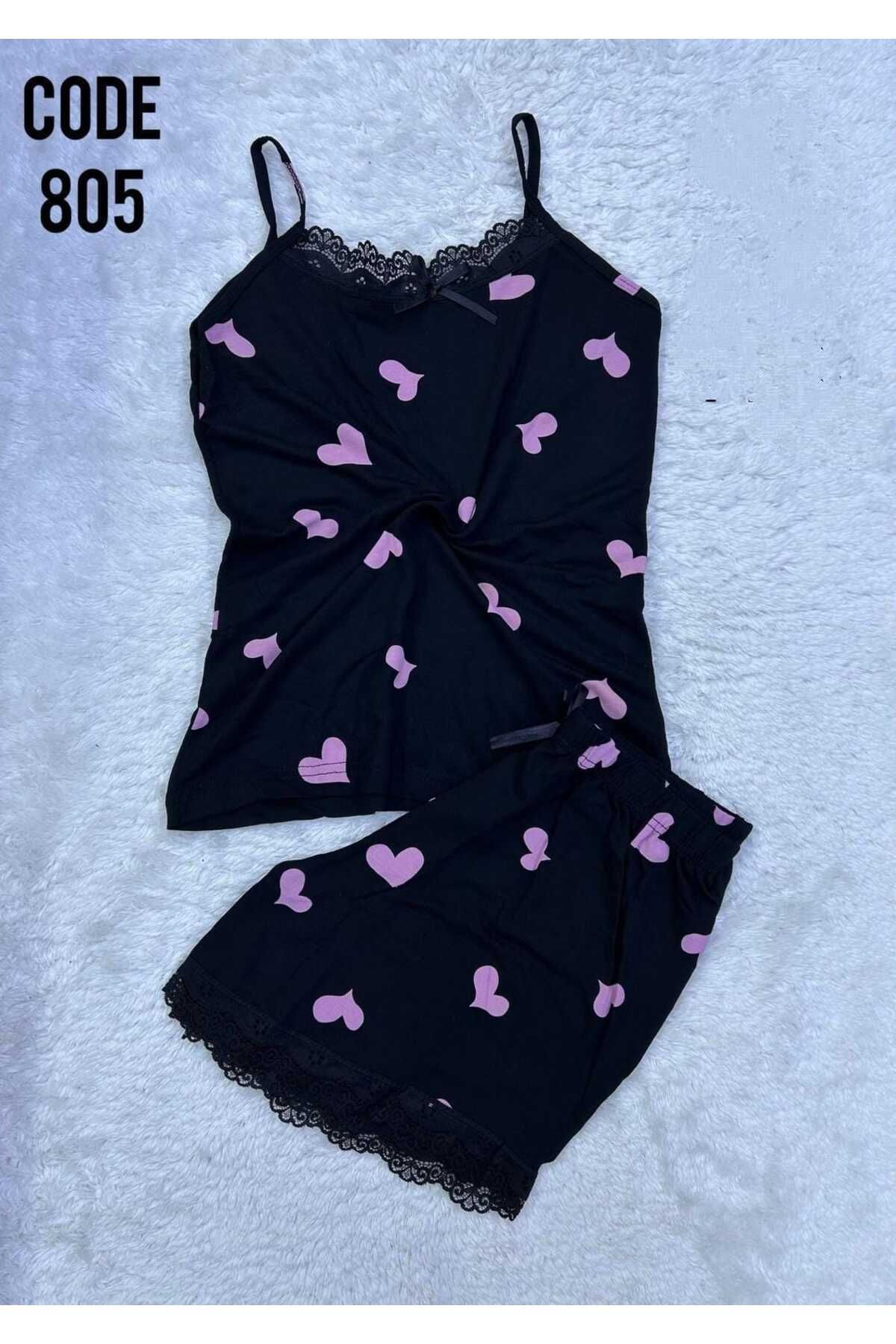 XORVİO Kadın İp Askılı Desen Şortlu Takım Dantel Detaylı Şık Yazlık Büyük Beden Battal Pijama