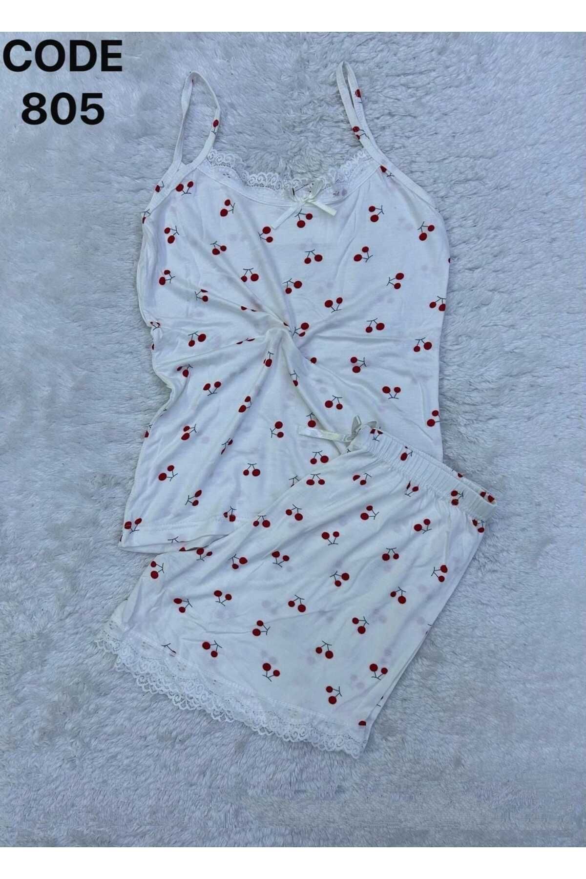 XORVİO Kadın İp Askılı Desen Şortlu Takım Dantel Detaylı Şık Yazlık Büyük Beden Battal Pijama