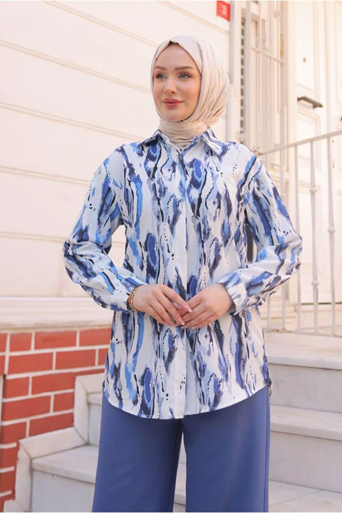 Moda Rosa 25Y7565 - MAVİ- DESENLİ GÖMLEKLİ TAKIM