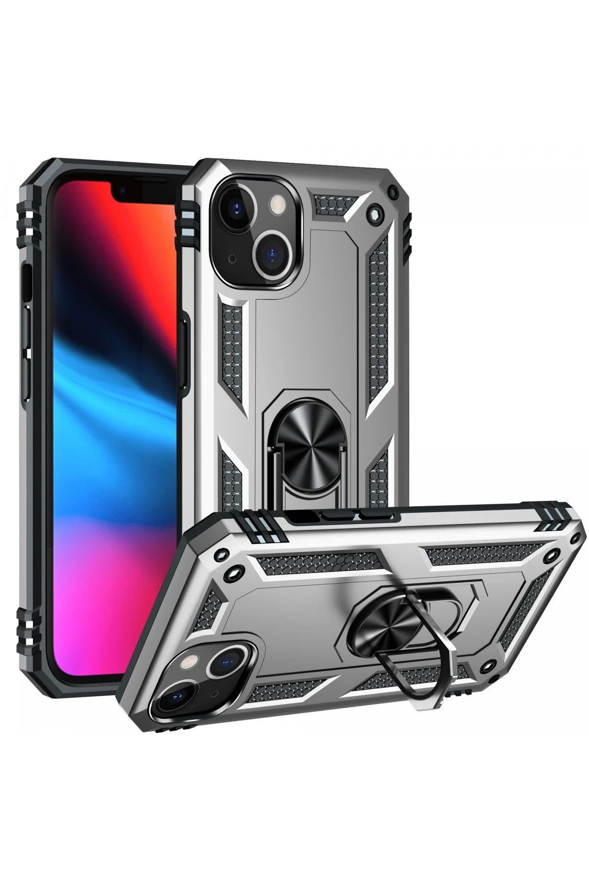 NewFace iPhone 13 Kılıf Sofya Yüzüklü Silikon Kapak - Gümüş SVLRS