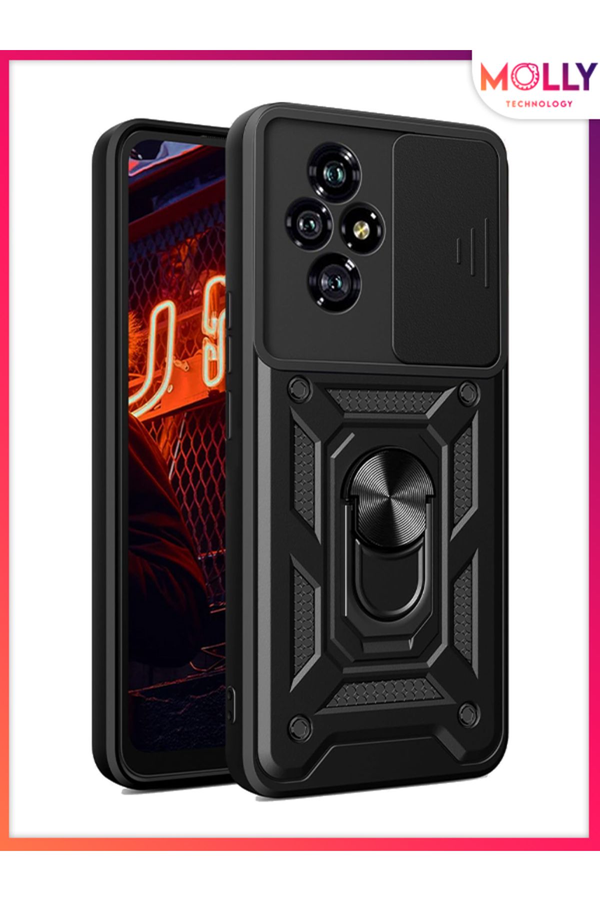 Molly HONOR 200 İçin Siyah Kamera Lens Sürgülü Megatron Yüzüklü Silikon Kılıf