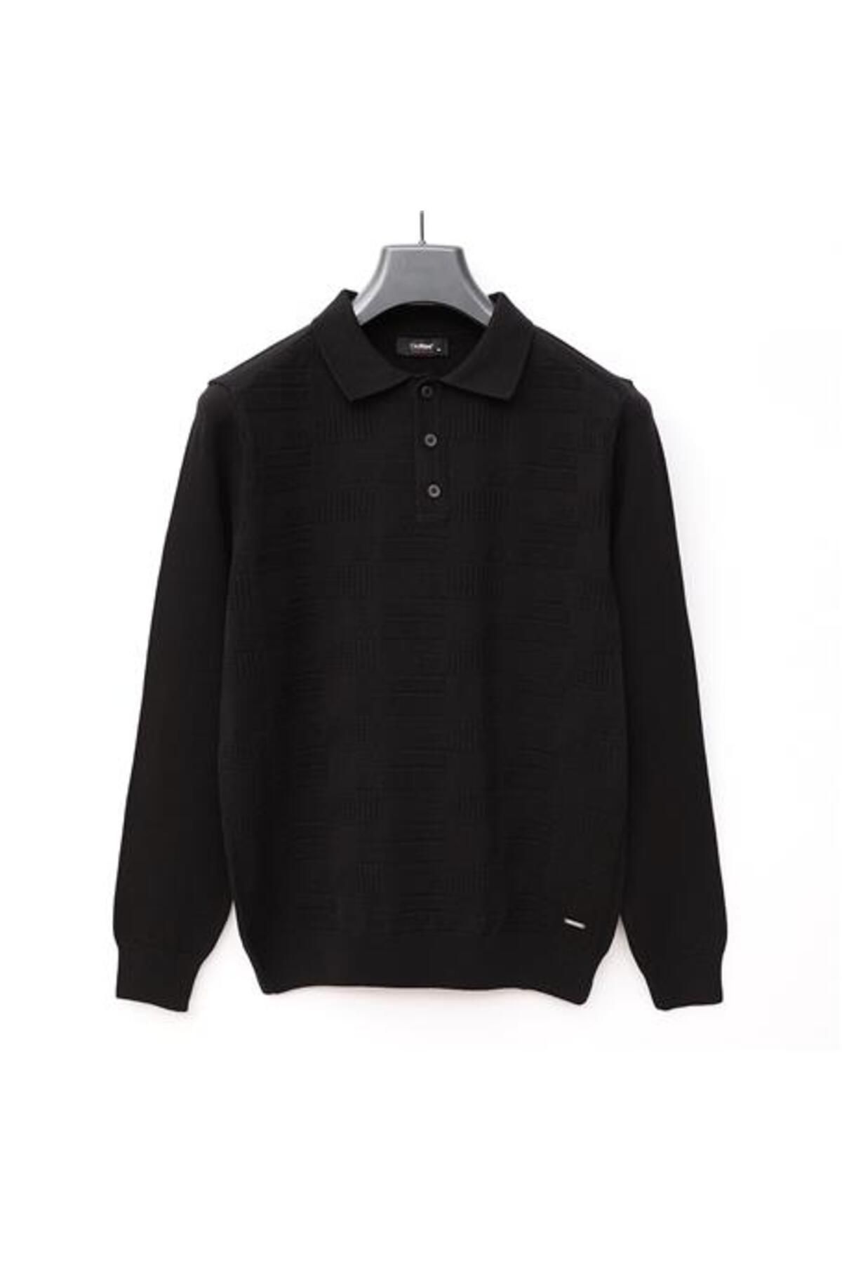 Shop58 Erkek Polo Yaka Uzun Kol Slim Fit Triko - 189404 - Siyah