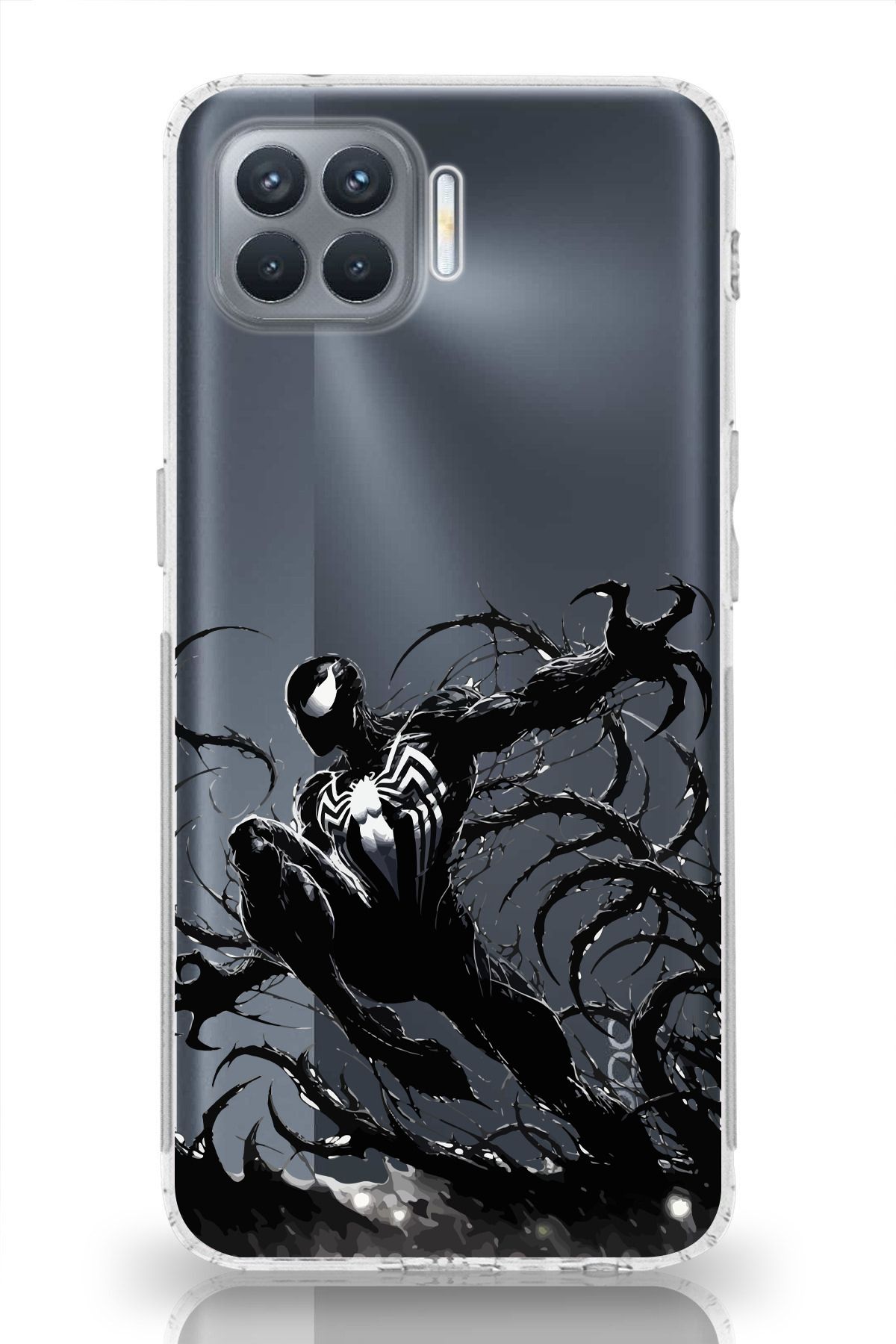 moonset Oppo Reno 4 Lite Uyumlu Siyah Örümcek Tasarımlı Baskılı Şeffaf Telefon Kılıfı