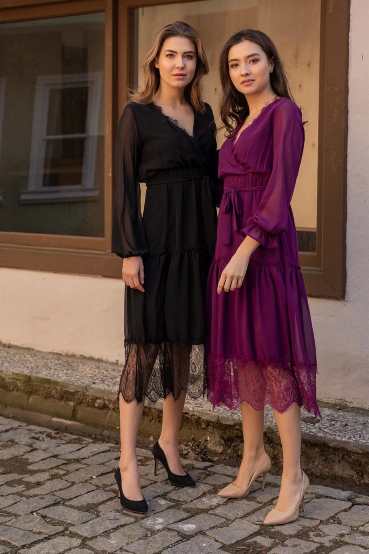 azra moda-Long Sleeve Skirt Tip Laced Dress - Black 1