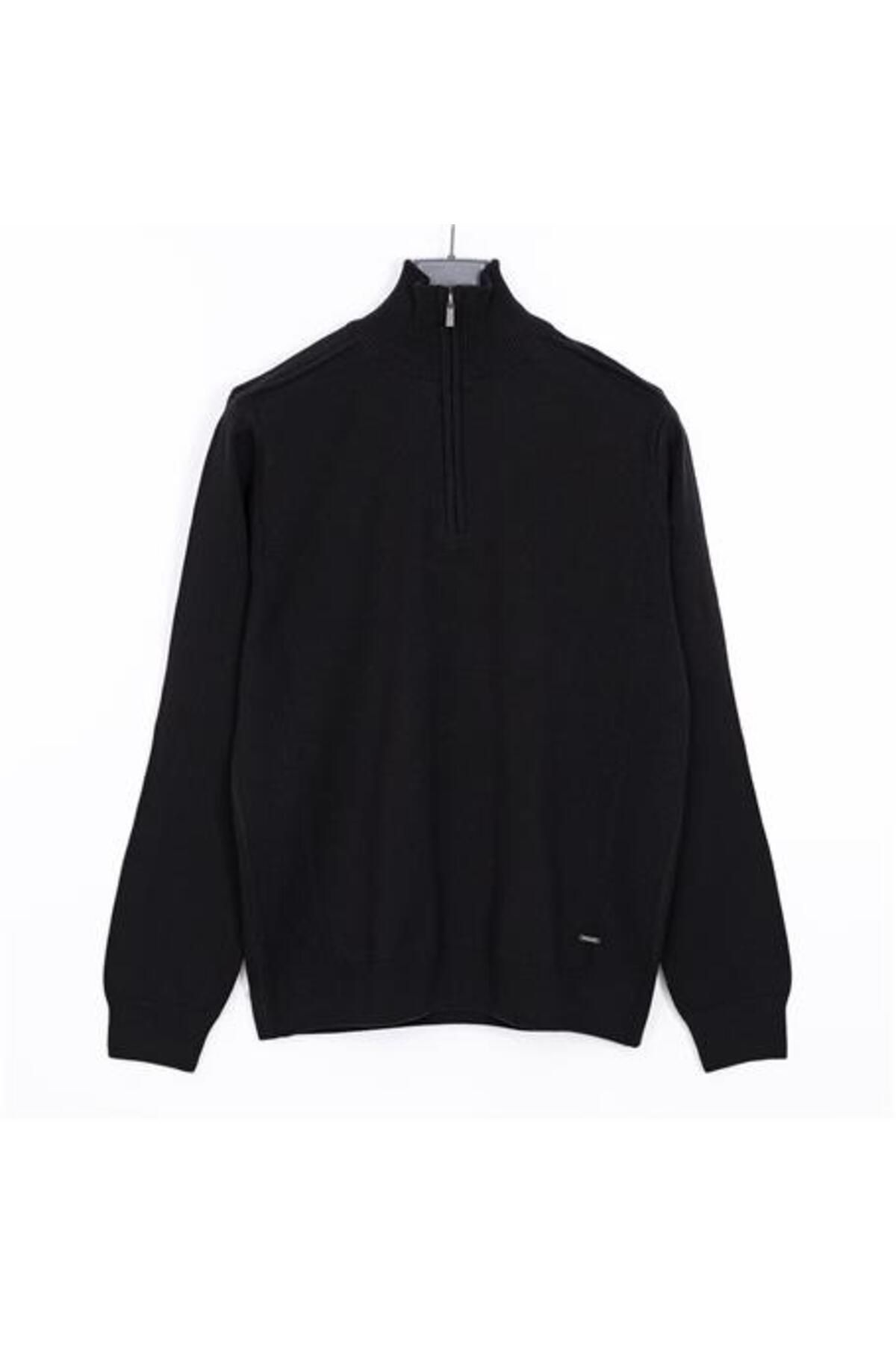 Shop58 Erkek Fermuarlı Boğazlı Yaka Uzun Kol Siyah Triko - 180997 - Siyah