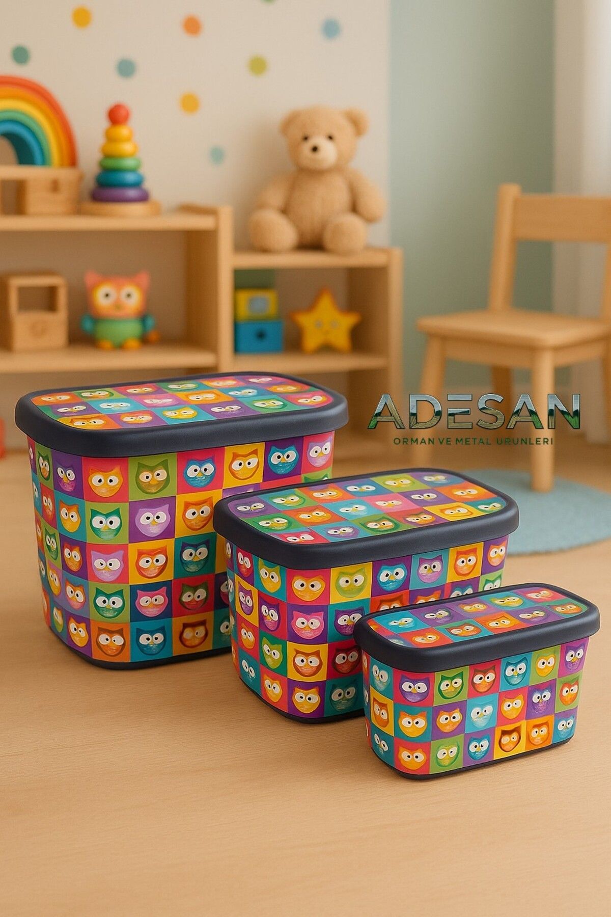 Çakır Home Renkli Desenli Çocuk Oyuncak Saklama Kutusu Seti - 5L / 12L / 25L - 3'lü
