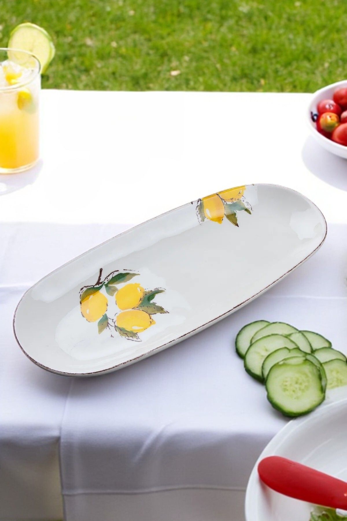Home Limon Desenli El Yapımı Seramik Kayık Tabak - Sunum Tabağı 36 cm
