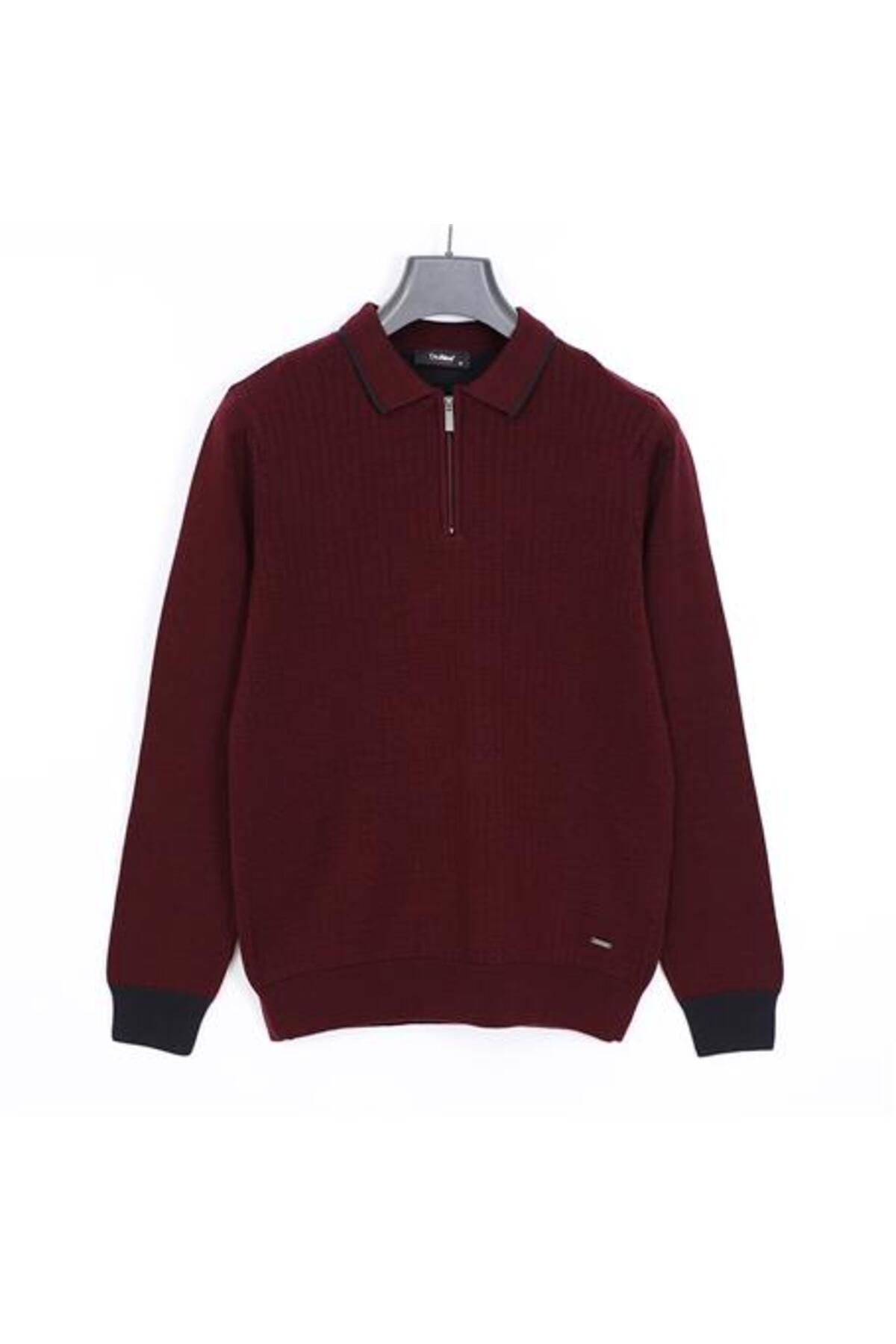 Shop58 Erkek Fermuarlı Polo Yaka Uzun Kol Triko - 180972 - Koyu Bordo