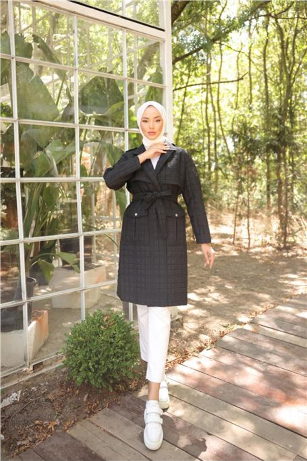Shop58 Kruvaze Yaka Cepli Belden Bağcıklı Trençkot - 71211.003 - Siyah