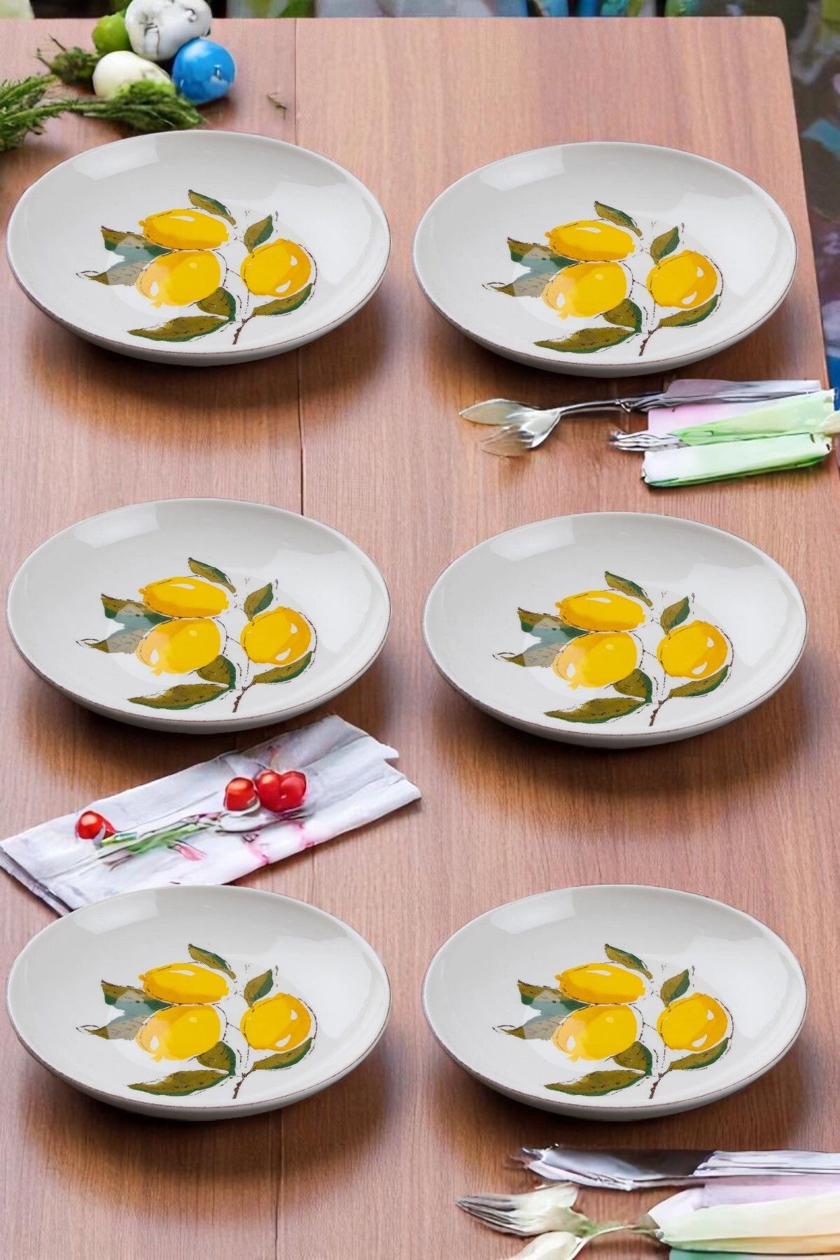 Home Limon Desenli El Yapımı Seramik Yemek Tabağı Takımı 22 cm 6 adet
