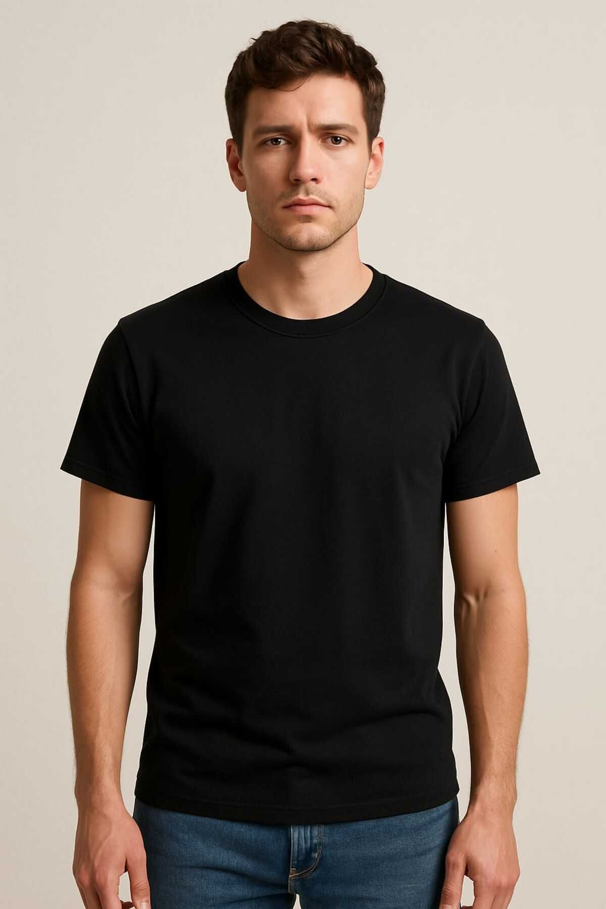 Akarcakumaşcılık Basic %100 Pamuklu Yuvarlak Yaka Örme Siyah T-Shirt