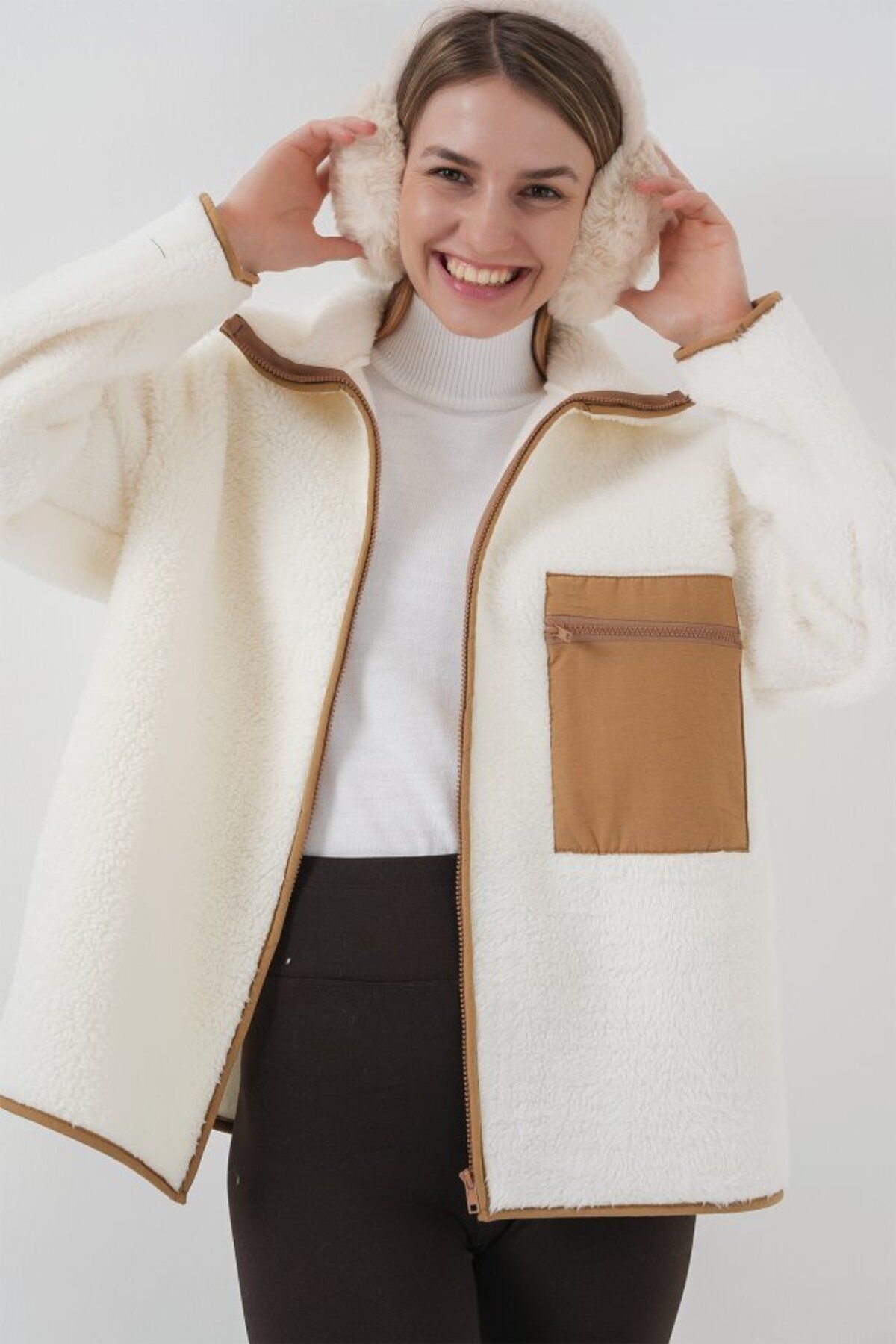 Şair 55446 Fermuarlı Oversize Peluş Ceket Mont - Camel
