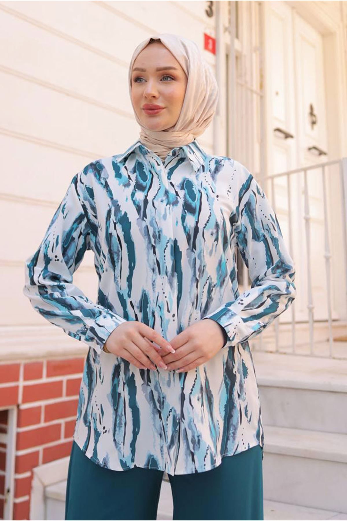Moda Rosa 25Y7565 - PETROL - DESENLİ GÖMLEKLİ TAKIM