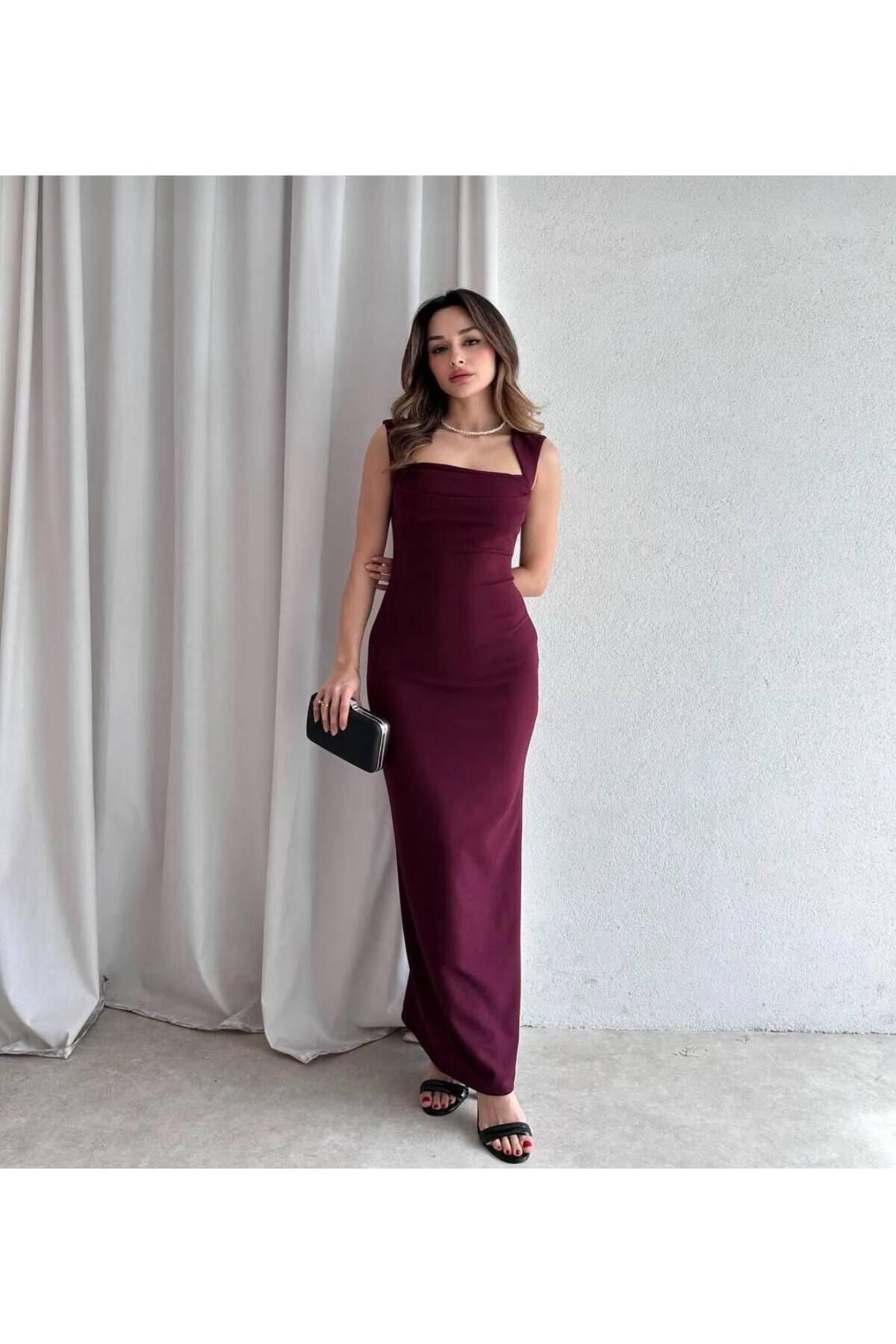 maf collection Kadın Bordo Maxi Boy Kalın Askılı Kare Yaka Abiye Mezuniyet Elbisesi