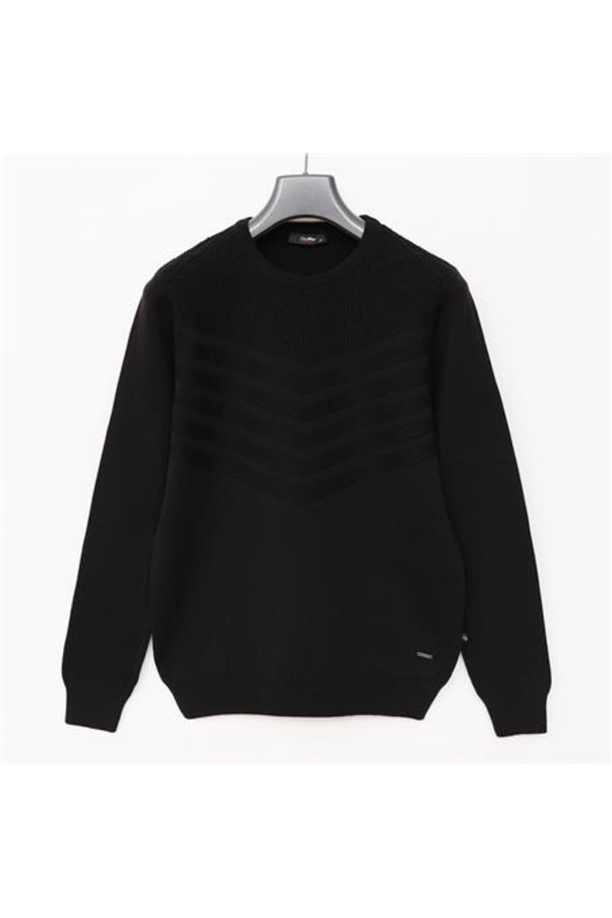 Shop58 Erkek Bisiklet Yaka Önü Dokulu Standart Fit Pamuklu Triko Kazak - 180967 - Siyah
